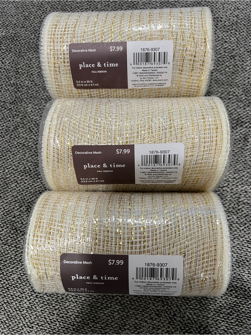 Place & Time Decorative Mesh Ribbon - Cream with Gold Accent